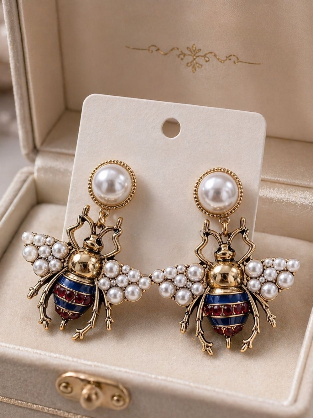 Gold Bee Pearl Drop Earrings with Red & Blue Enamel